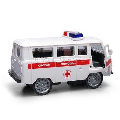Машина пластик UAZ 452 "Скорая" 12см. (двери, белая) инерц., в коробке