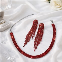 Комплект вечерней бижутерии со стразами чокер и серьги, цвет: красный, арт.012.098