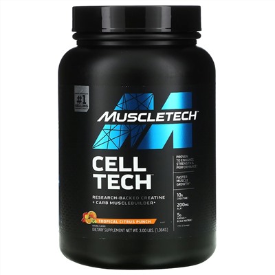 Muscletech, Cell Tech, Research-Backed Creatine + Carb Musclebuilder, Tropical Citrus Punch, 3 lbs (1.36 kg)