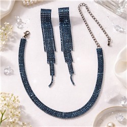 Комплект вечерней бижутерии со стразами чокер и серьги, цвет: тёмный синевато-зелёный, арт.012.094