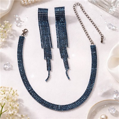 Комплект вечерней бижутерии со стразами чокер и серьги, цвет: тёмный синевато-зелёный, арт.012.094