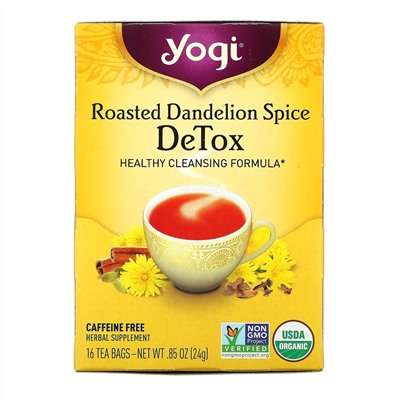 Yogi Tea, Detox, вкус жареного одуванчика и специй, без кофеина, 16 чайных пакетиков, 24 г (0,85 унции)