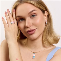 Комплект ювелирной бижутерии коллекция "Дубай" серьги, кулон и кольцо 17 р, покрытие позолота, вставка: эмаль и цирконы, цвет: разноцветный и прозрачный, арт.313.327-17