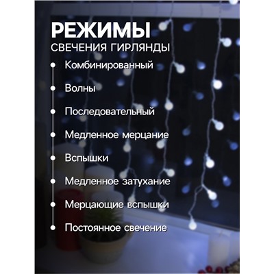 Гирлянда «Занавес» 2×1.5 м с насадками «Шарики», IP20, прозрачная нить, 360 LED, свечение белое, 8 режимов, 220 В