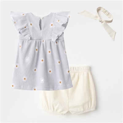 Комплект: платье, шорты, повязка «Крошка Я. Ромашка», рост 62-68 см, серый