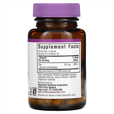 Bluebonnet Nutrition, Zinc Picolinate, 50 mg, 50 Vegetable Capsules
