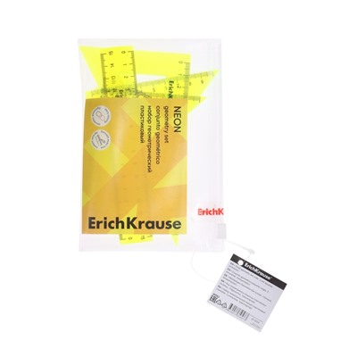 Набор геометрический малый ErichKrause Neon (угольник- 3 штуки, линейка - 15 см, транспортир), жёлтый