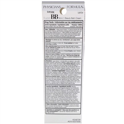 Physicians Formula, Super BB, All-in-1 Beauty Balm Cream, SPF 30, Light, 1.2 fl oz (35 ml)