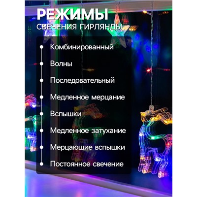 Гирлянда «Бахрома» 2.4×0.9 м с насадками «Олень», IP20, прозрачная нить, 138 LED, свечение мульти, 8 режимов, 220 В