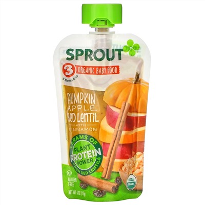 Sprout Organic, Baby Food, 8 Months & Up, Pumpkin, Apple, Red Lentil with Cinnamon, 4 oz (113 g)