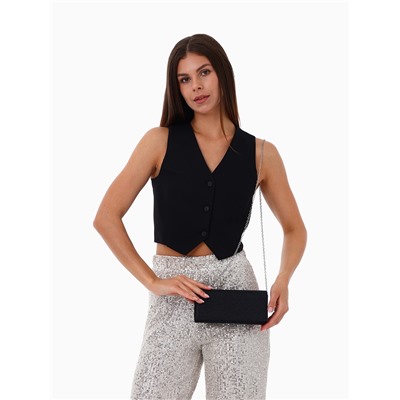 Сумка-клатч женская на магните, на серебристой цепочке, блестящая, чёрная