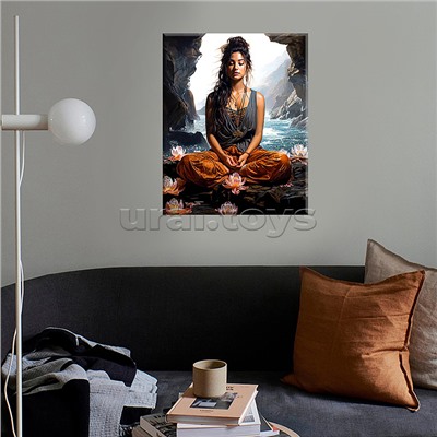 Картина по номерам 40х50 "Медитация на берегу океана" с кристаллами из хрусталя черный холст