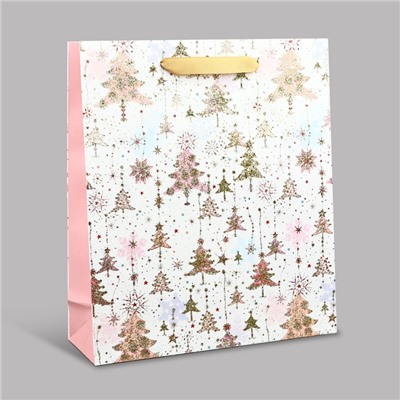 Пакет подарочный новогодний ламинированный «Ёлочки», M 30×26×9 см