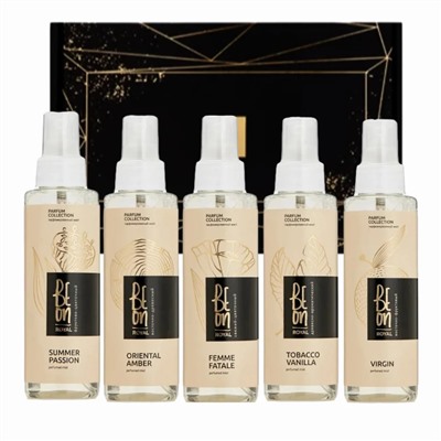 BeOn Подарочный набор из 5 мистов для тела №17 / Royal Oriental Amber, Tobacco Vanila, Summer Passion, Virgin, Femme Fatale, 105 мл x 5 23805