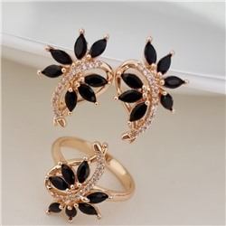 Комплект ювелирной бижутерии коллекция "Дубай" серьги и кольцо 17 р, покрытие позолота, вставка: фианиты, цвет: черный и прозрачный, арт.215.486-17