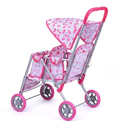 Коляска для кукол (для двойни), металлическая, прогулочная, с тентом, цвет белая с вишенками
