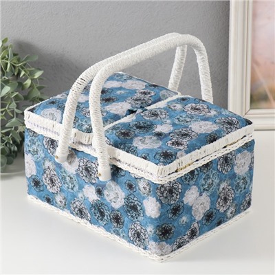 Шкатулка для рукоделия и шитья «Чёрно-белые цветы на голубом», хранение ниток, иголок, мелочи, 19×26×14.5 см