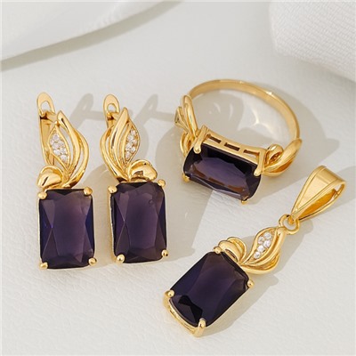 Комплект ювелирной бижутерии коллекция "Дубай" серьги, кулон и кольцо 20 р, покрытие позолота,  вставка: фианиты и цирконы, цвет: аметистовый и прозрачный, арт.217.362-20