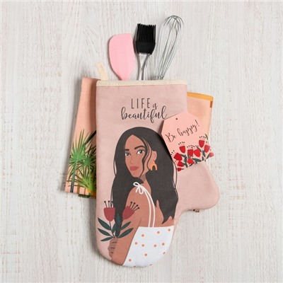 Кухонный набор подарочный Life is beautiful: полотенце, варежка-прихватка, кисть, лопатка, венчик