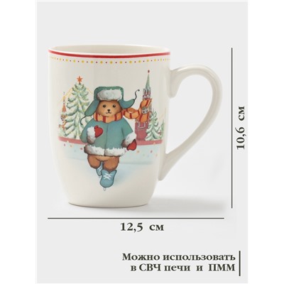 Кружка новогодняя Доляна «Московский мишка», 330 мл, для чая, фарфор, 12×8.5×11 см, белая