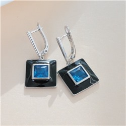 Серьги подвески с камнем, покрытие посеребрение, вставка: эмаль и фианиты, цвет: черный и синий, арт.215.283