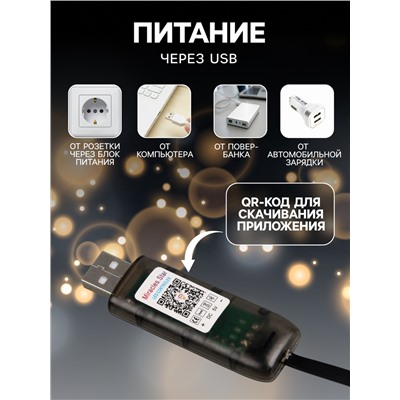 УЦЕНКА Умная гирлянда «Нить» 6 м с насадками «Лампочки», IP20, тёмная нить, 20 LED, свечение RGB, USB