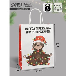 Пакет бумажный подарочный новогодний крафт, «Тот год пережили и этот переживем», 27×21×11 см