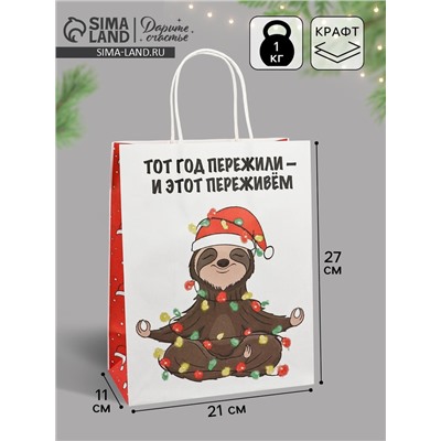 Пакет бумажный подарочный новогодний крафт, «Тот год пережили и этот переживем», 27×21×11 см