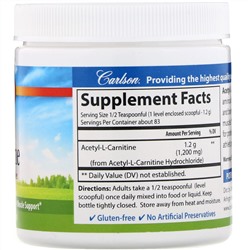 Carlson Labs, Ацетил-L-карнитин, порошок аминокислоты, 100 г (3,53 унции)