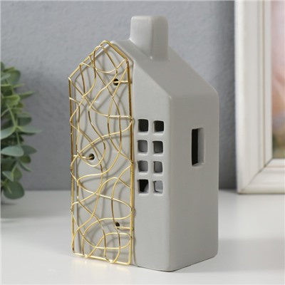 Подсвечник на 1 свечу «Дом», керамика, металл, серый с золотом, 9×6.3×16.7 см