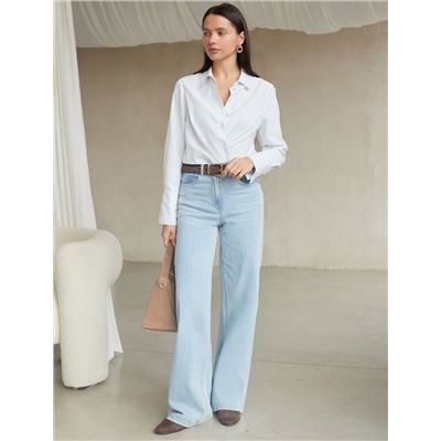 Блузка свободного силуэта в тонкую полоску из эластичного хлопка с добавлением льна