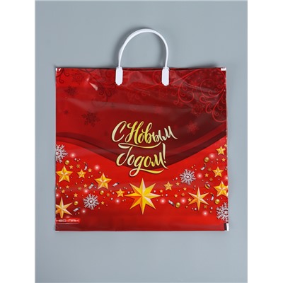 Пакет подарочный новогодний «Золотые звезды», полиэтиленовый с пластиковой ручкой, 37×35 см