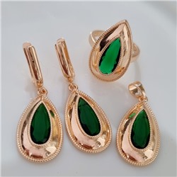 Комплект ювелирная бижутерия крупный коллекция "Дубай" серьги, кулон и кольцо 18 р, покрытие: позолота, вставка: фианиты, цвет: зеленый, арт.213.795-18