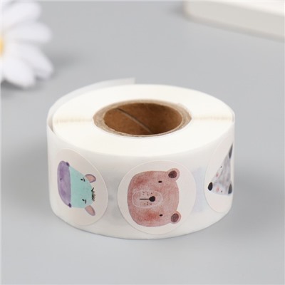 Наклейка бумага «Акварельные звери», d=2.5 см, 500 шт. в рулоне, 3×6.5×6.5 см