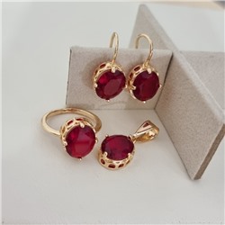 Комплект ювелирной бижутерии коллекция "Дубай" серьги, кулон и кольцо 20 р, покрытие позолота, вставка: стекло, цвет: красный, арт.217.505-20