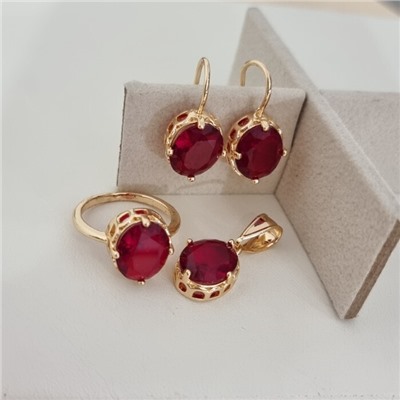 Комплект ювелирной бижутерии коллекция "Дубай" серьги, кулон и кольцо 18 р, покрытие позолота, вставка: стекло, цвет: красный, арт.217.505-18