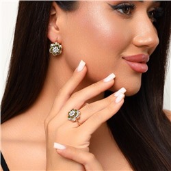 Комплект ювелирной бижутерии Дубайское золото серьги и кольцо, покрытие позолота, вставка: фианиты, цвет: зеленый и прозрачный, р-р 18, 0119, арт.214.527-18