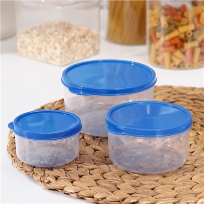 Набор контейнеров для хранения еды Доляна, 3 шт. 150 мл, 300 мл, 500 мл, прозрачные, крышка синяя