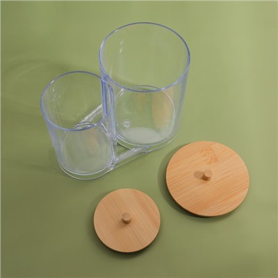 Органайзер для ватных палочек и дисков BAMBOO, с крышкой, 15.5×8.5×12 см, прозрачный, коричневый