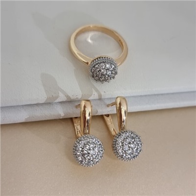 Комплект ювелирной бижутерии коллекция "Дубай" серьги и кольцо 18 р, покрытие позолота, вставка: цирконы, цвет: прозрачный, арт.217.498-18