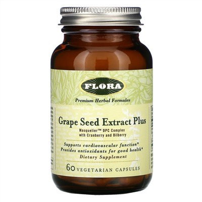 Flora, экстракт косточек винограда плюс, 60 вегетарианских капсул
