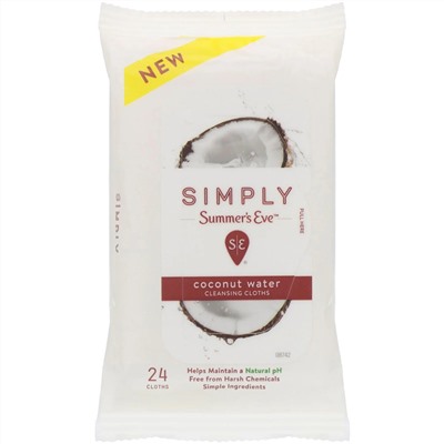 Summer's Eve, Очищающие салфетки серии Simply, Coconut Water, 24 салфетки