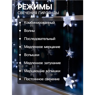 Гирлянда «Бахрома» 2.4×0.9 м с насадками «Звёздочки», IP20, прозрачная нить, 186 LED, свечение белое, 8 режимов, 220 В