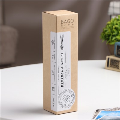 Ароматический диффузор BAGO home, мята и апельсин, с палочками, для дома, 40 мл