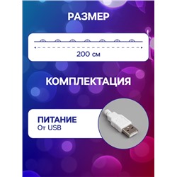 Гирлянда «Нить» 2 м роса, IP20, серебристая нить, 20 LED, свечение мульти (RGB), переливы, USB