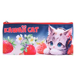 Пенал "Kawaii Cat" 21,5x9x1 см, плоский для 35 предметов, плотный износостойкий полиэстер с водоотталкивающей пропиткой, на молнии