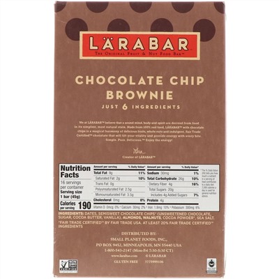 Larabar, The Original Fruit & Nut Food Bar, Chocolate Chip Brownie, 16 Bars, 1.6 oz (45 g) Each