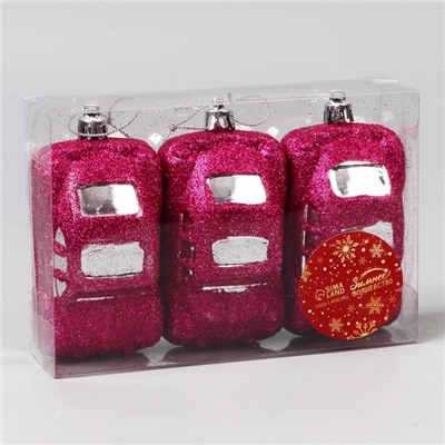 Ёлочные игрушки 3 шт., «Зимнее волшебство, Машинки» пластик, 9×3.5 см, розовый