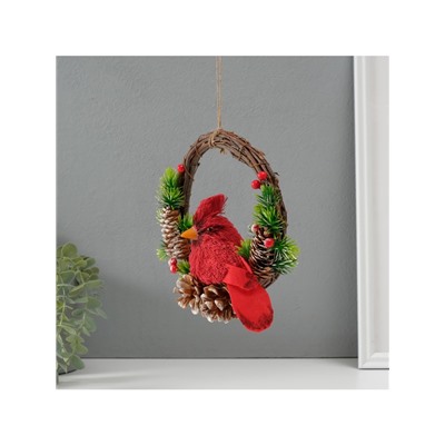 Фигурка подвеска «Красная птичка на венке с шишками», 7.5×20×20.5 см