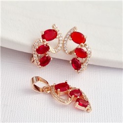Комплект ювелирной бижутерии коллекция "Дубай" серьги и кулон, покрытие позолота, вставка: фианиты и цирконы, цвет: красный и прозрачный, арт.414.031
